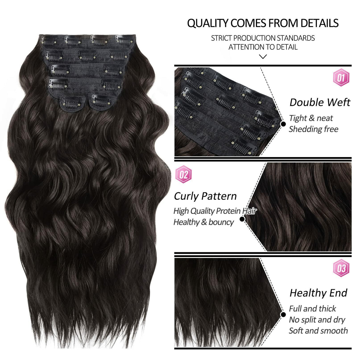 BHF 20in Wavy Clip In Synthetic Hair Extensions Full Head 6pcs Dark Brown