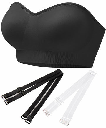 PRETTYWELL Strapless Padded Bandeau Bra Wireless Comfort Black Size L