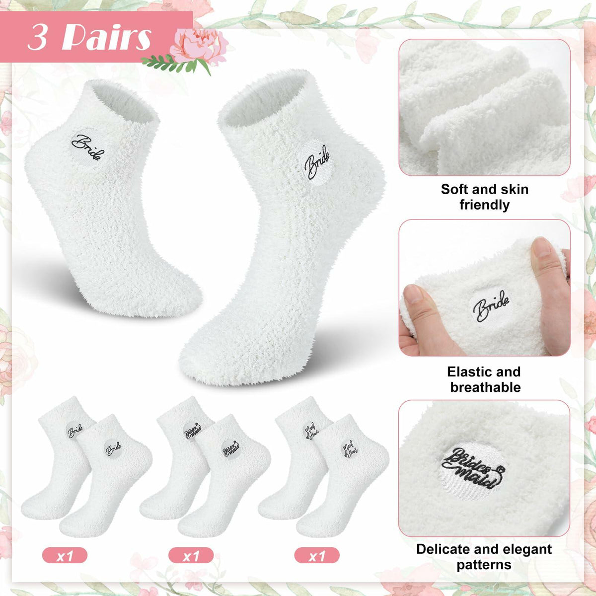 Skicuff 3 Pairs Bridesmaid Fuzzy Coral Fleece Socks Women Wedding Gifts