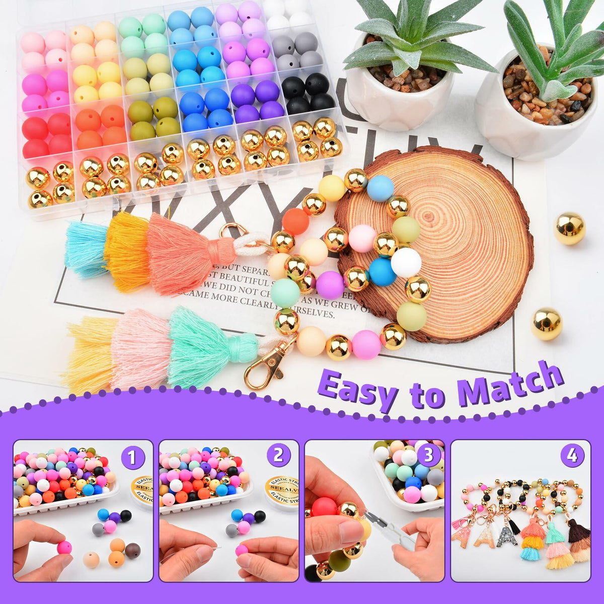 96PCS 15mm Silicone Beads Kit 19 Colors Round DIY Crafts Bracelet Necklace