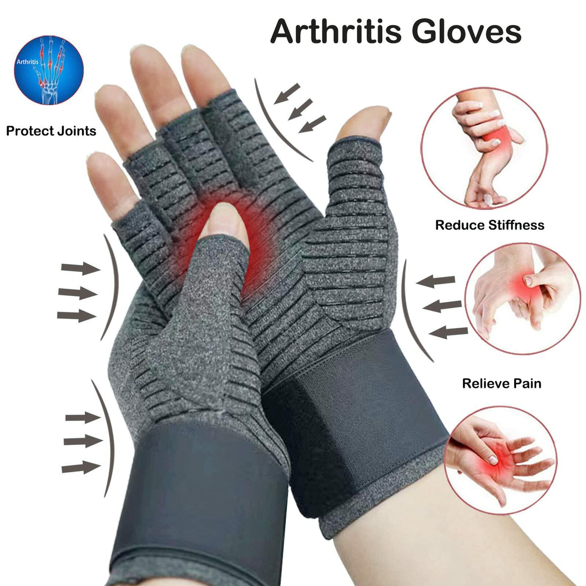 VigorGlove Copper Fit Arthritis Gloves Adjustable Belt Anti-Slip Black 2P XL