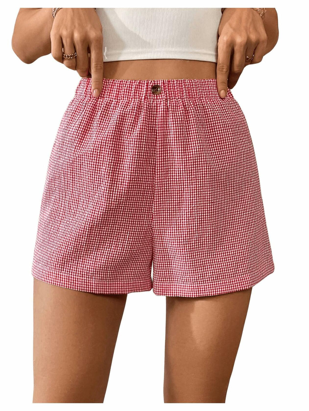 Verdusa Women's Plaid Print Elastic Waist Casual Shorts Red White Size S