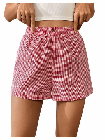 Verdusa Women's Plaid Print Elastic Waist Casual Shorts Red White Size S