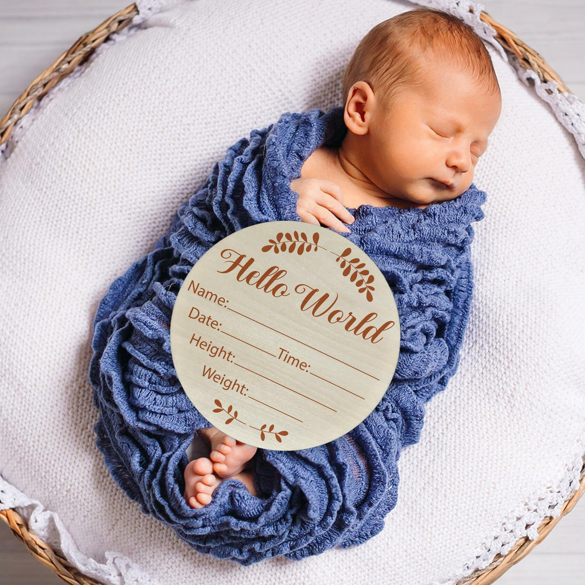Hello World Olive Branch Newborn Sign 6" Round Birch Wood Baby Plaque