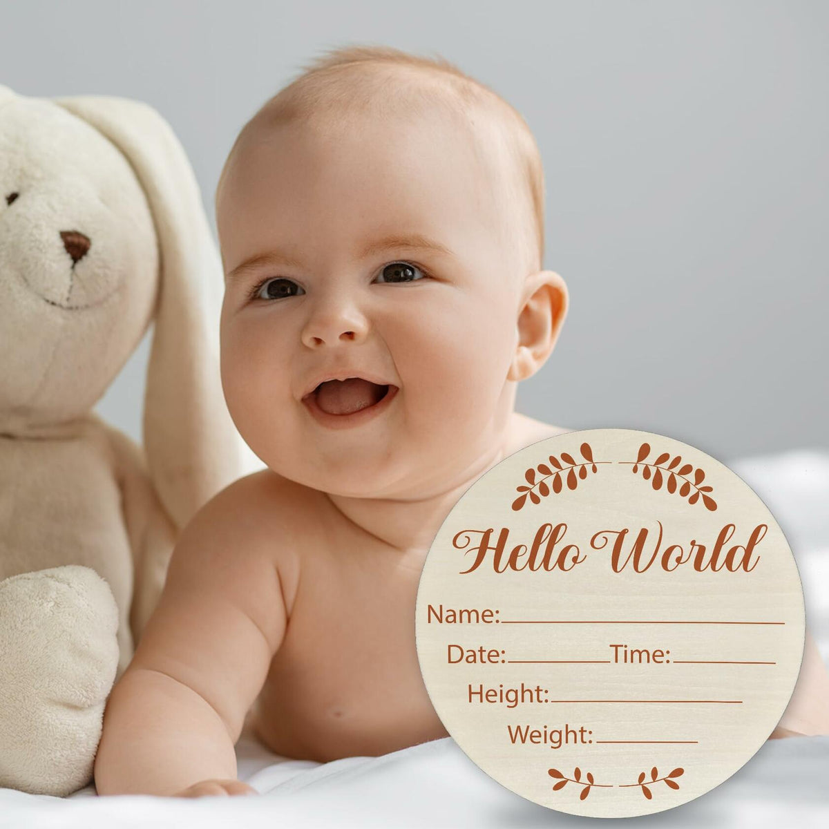 Hello World Olive Branch Newborn Sign 6" Round Birch Wood Baby Plaque