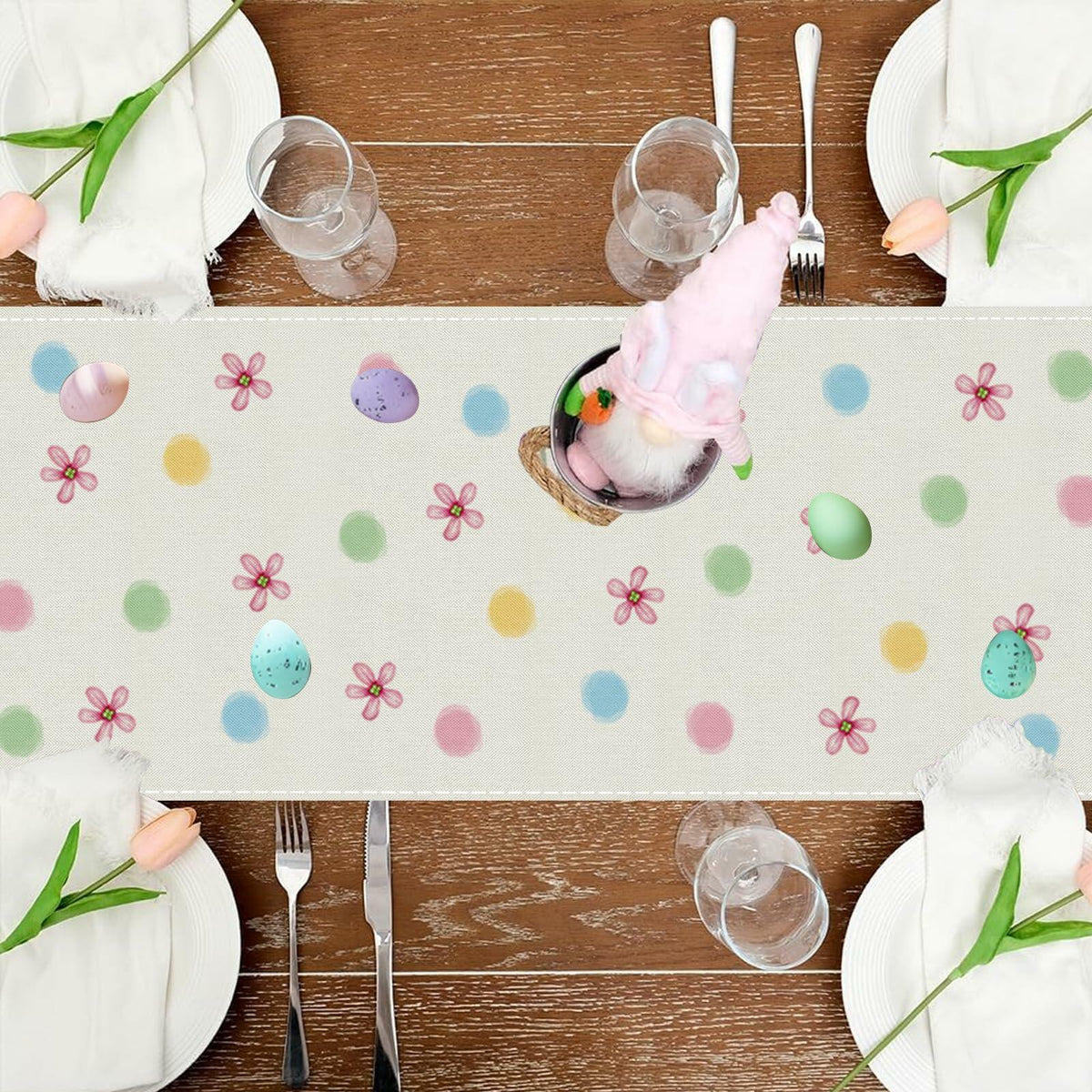 QIONG MENG Easter Table Runner Bunny Eggs Basket Flowers 13x72 Inch