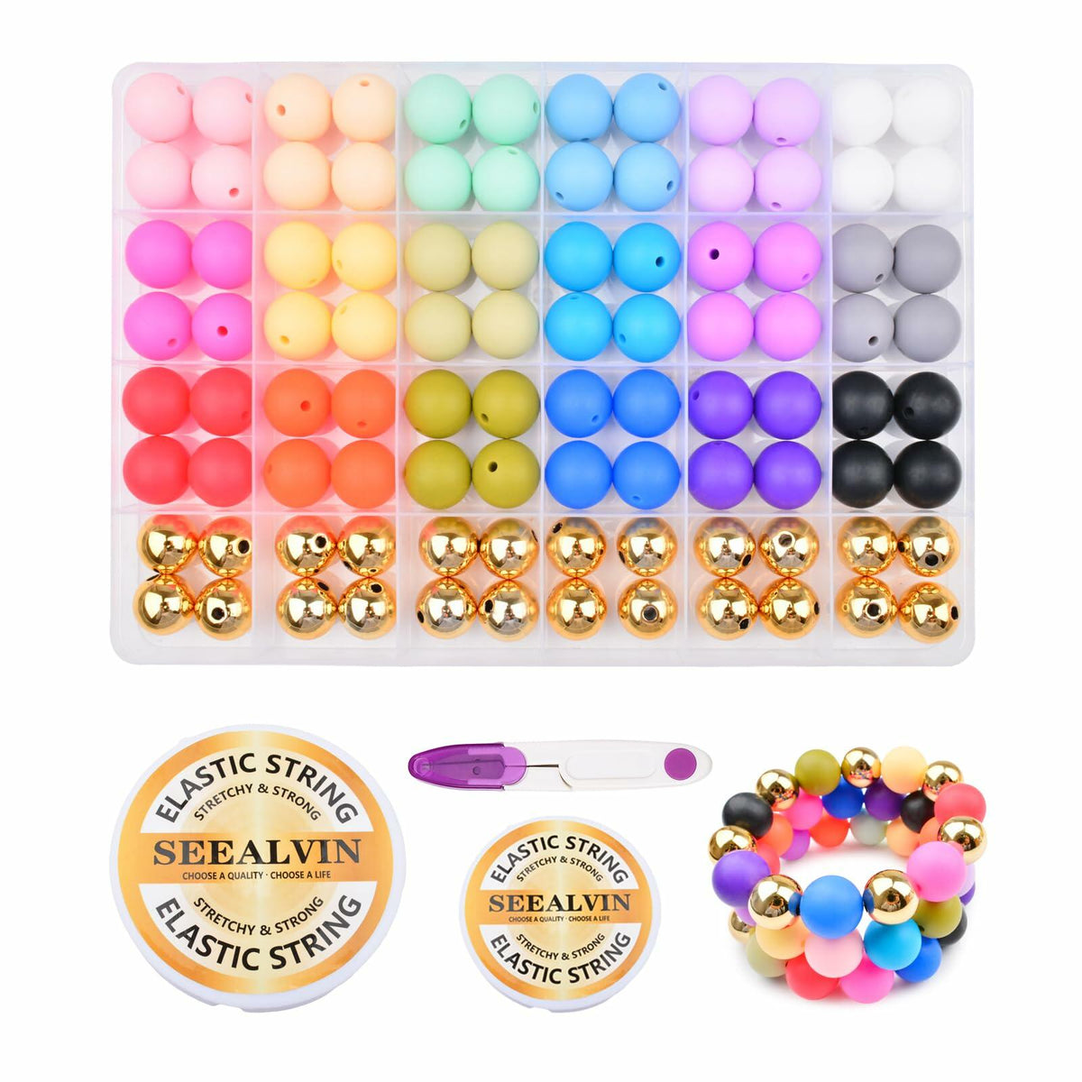 96PCS 15mm Silicone Beads Kit 19 Colors Round DIY Crafts Bracelet Necklace