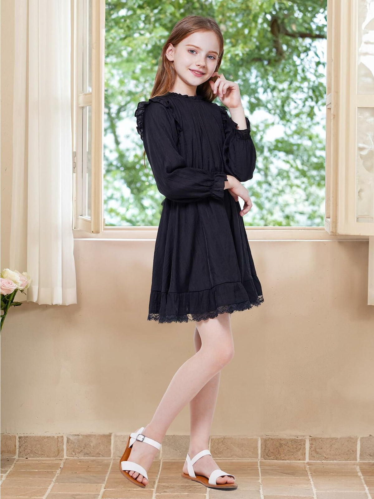WULFUL Girls Long Sleeve A-line Belted Dress Navy Size 11-12