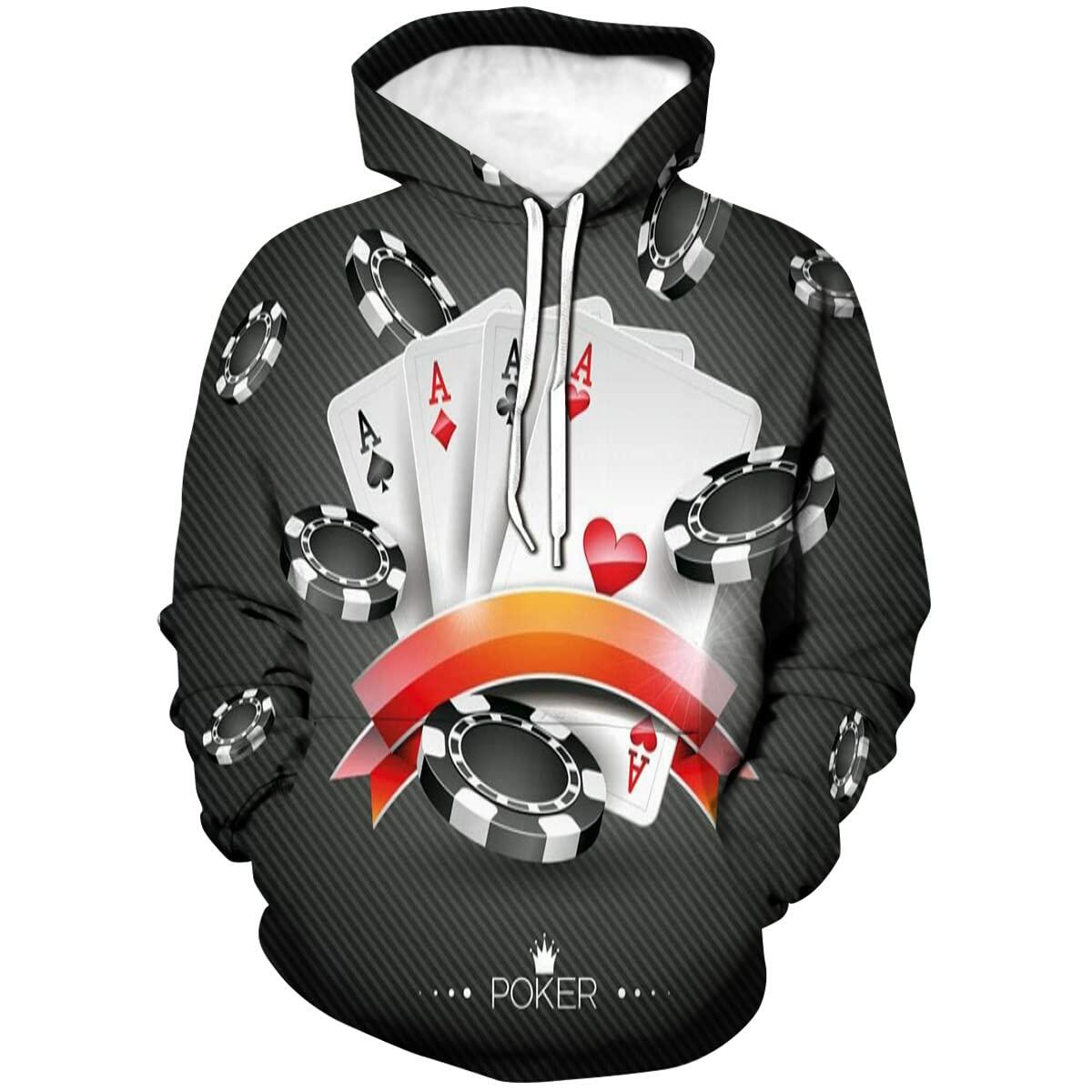 Cerbukt Men's 3D Novelty Hoodie Poker Cards Spread Chips Size 2XL