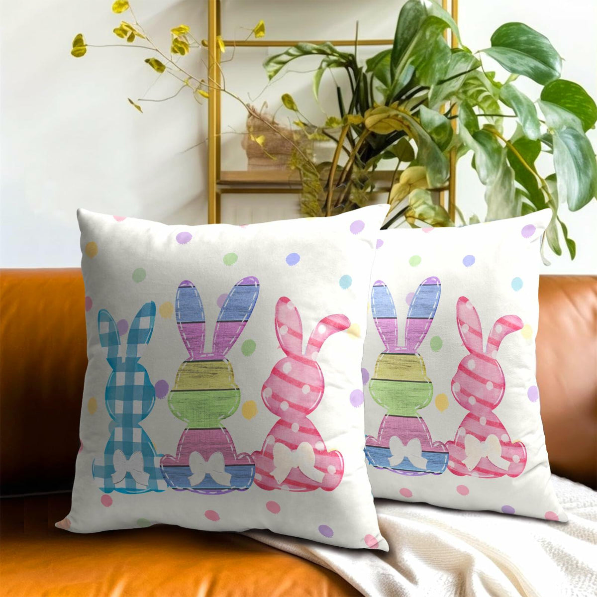 Easter Rabbit Cotton Throw Pillow Covers 18x18 Inch Set of 2 Buffalo Plaid