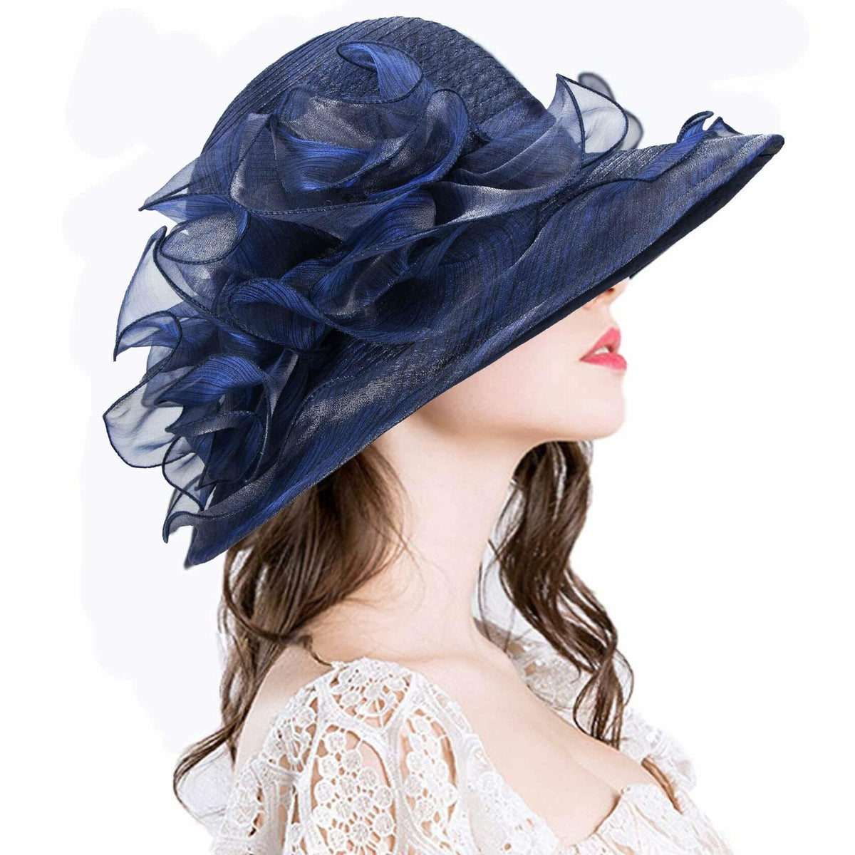 Women Organza Derby Sun Hat Kentucky Fascinator Flower Bridal Straw Navy