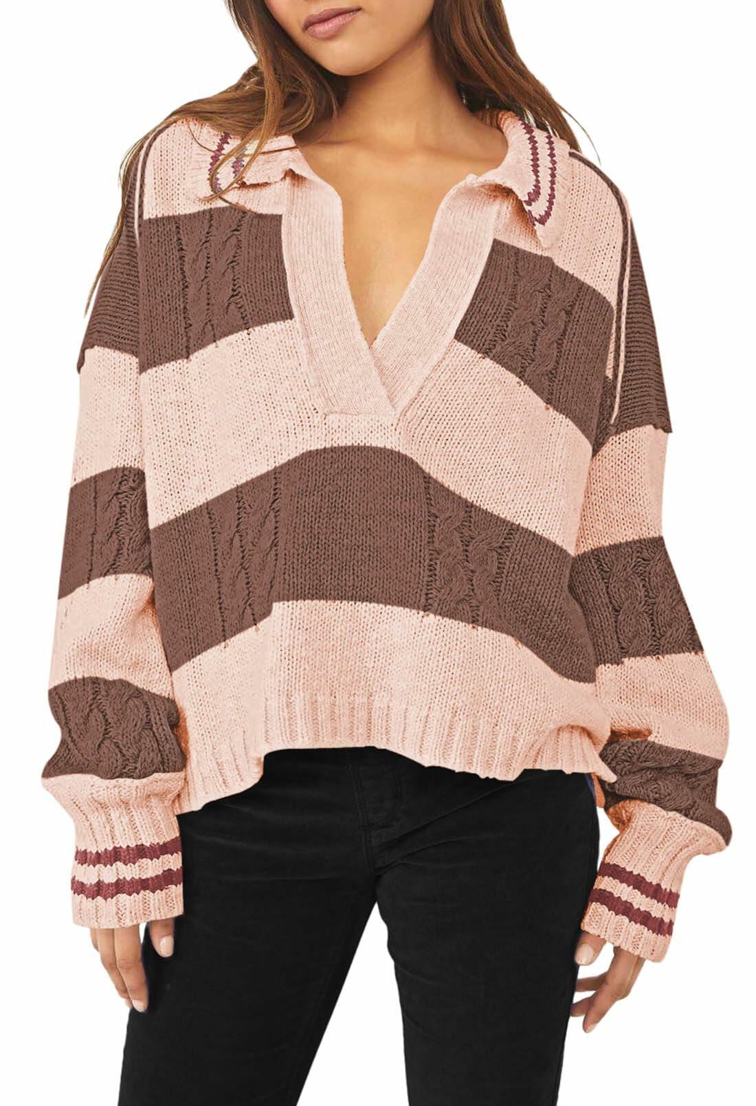 Women's Pullover Sweater Lapel Collar V Neck Cable Knit Wood Brown Size XL