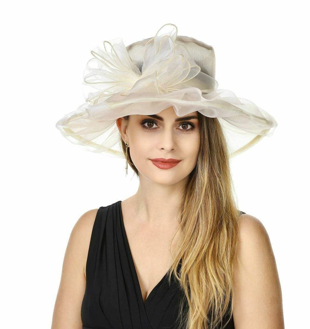 SAFERIN Women's Organza Church Bridal Wedding Hat Beige Bowknot TZ-3