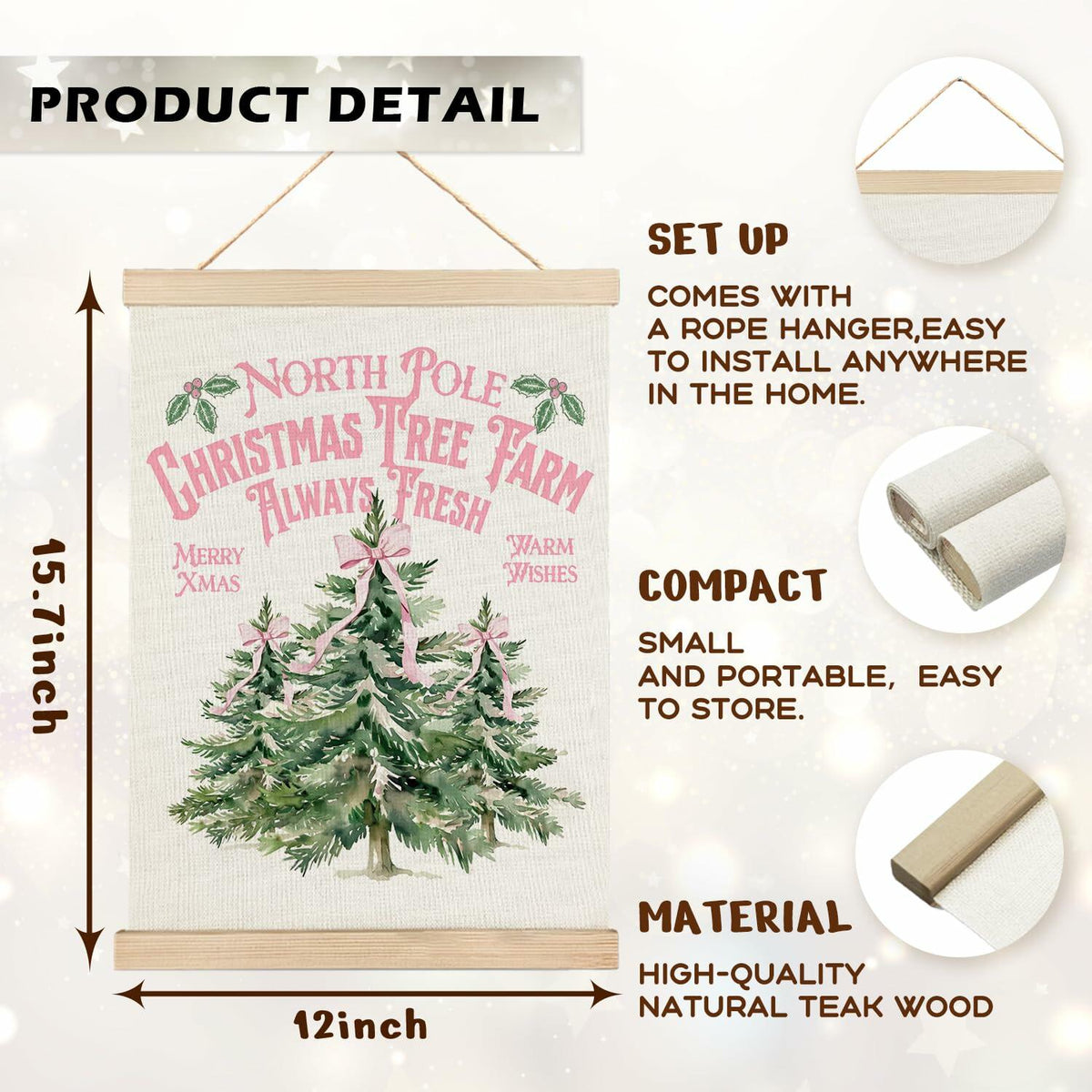 North Pole Village Christmas Wall Decor Pink Bows 12x16 Inch Farmhouse Art