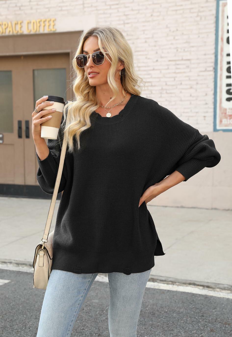 Women’s 2024 Fall Oversized Ripped Knit Sweater White Pullover Top Size M