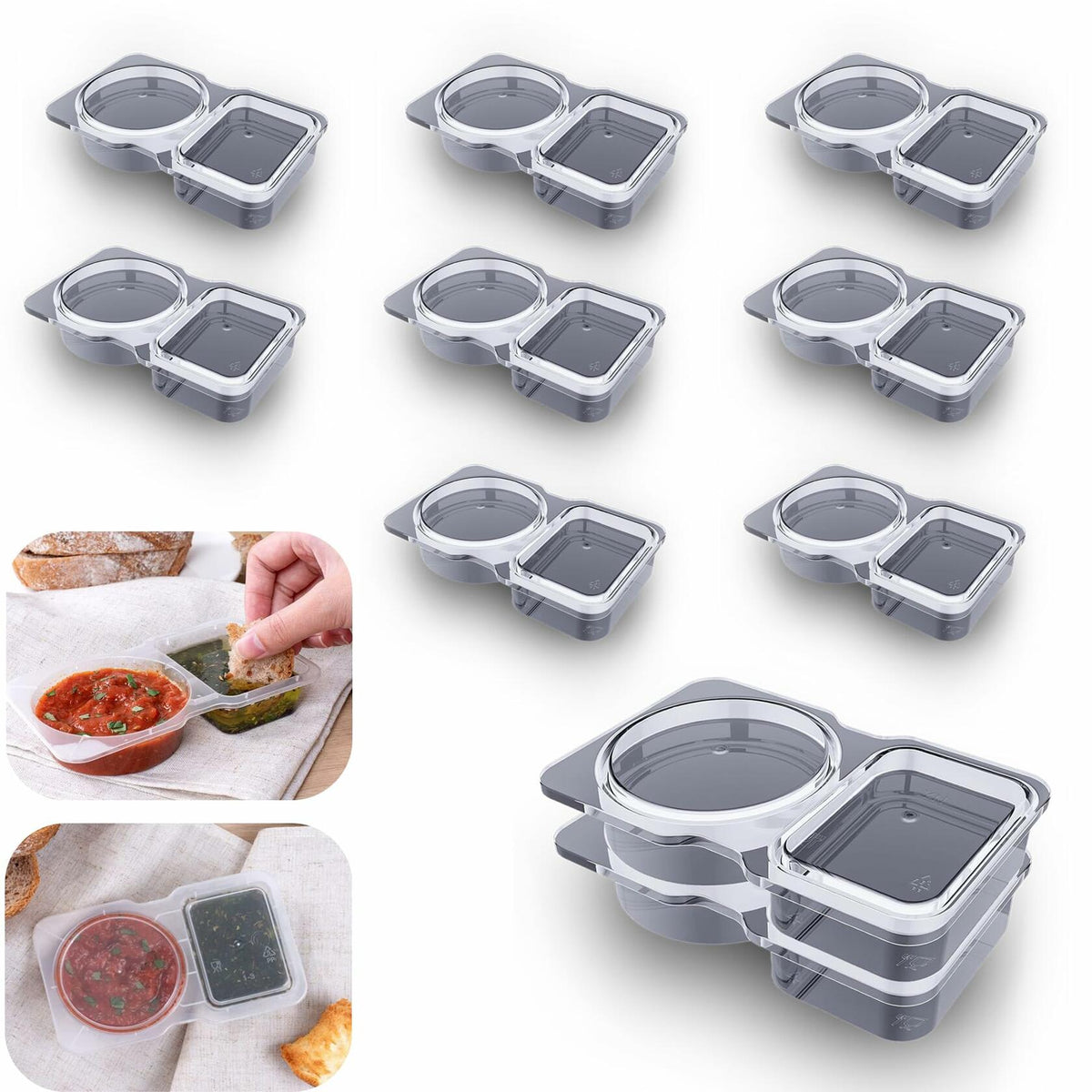 VOUKEN Double Compartment Snack Containers with Lids Transparent 10PCS