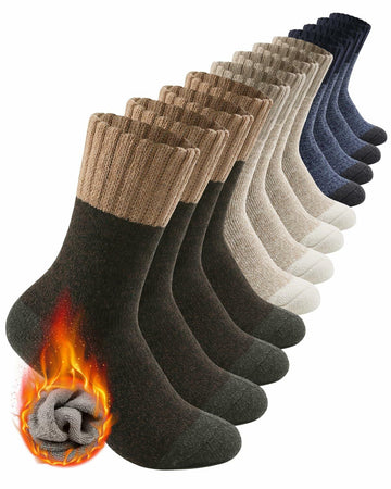 ATTIQOZI Men's Merino Wool Thermal Crew Socks Gray Khaki Blue 6 Pairs Size 8-13