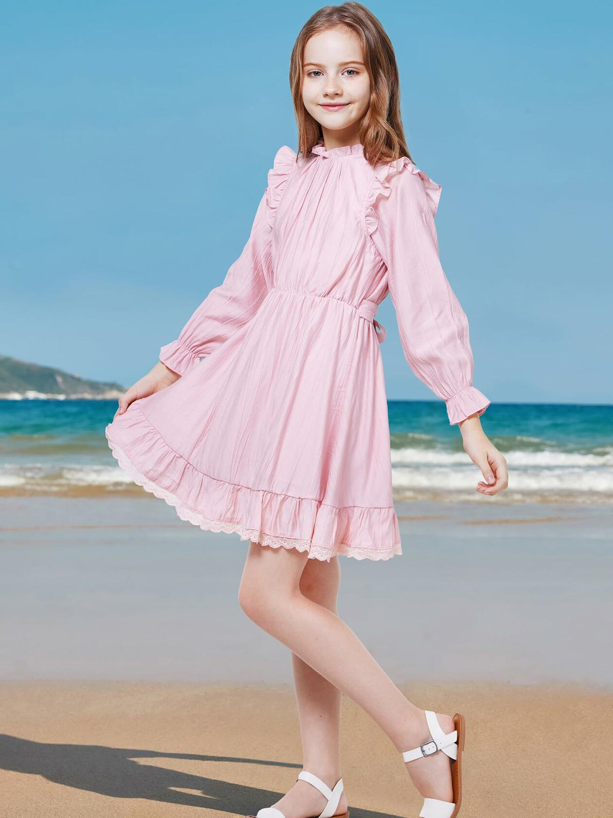 WULFUL Girls Long Sleeve Flared Belted A-line Dress Pink Size 7-8