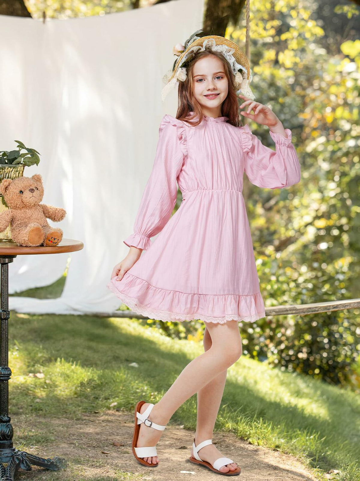 WULFUL Girls Long Sleeve Flared Belted A-line Dress Pink Size 7-8
