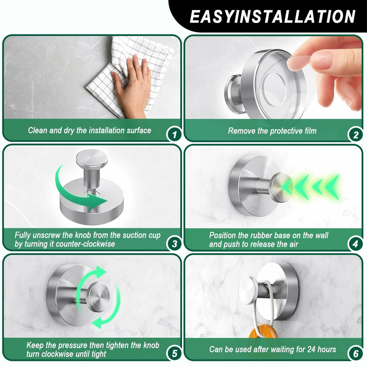 LECHI Stainless Steel Suction Cup Hook Waterproof No Drill Silver 1pc