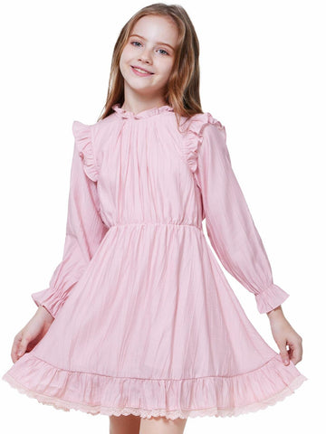 WULFUL Girls Long Sleeve Flared Belted A-line Dress Pink Size 7-8