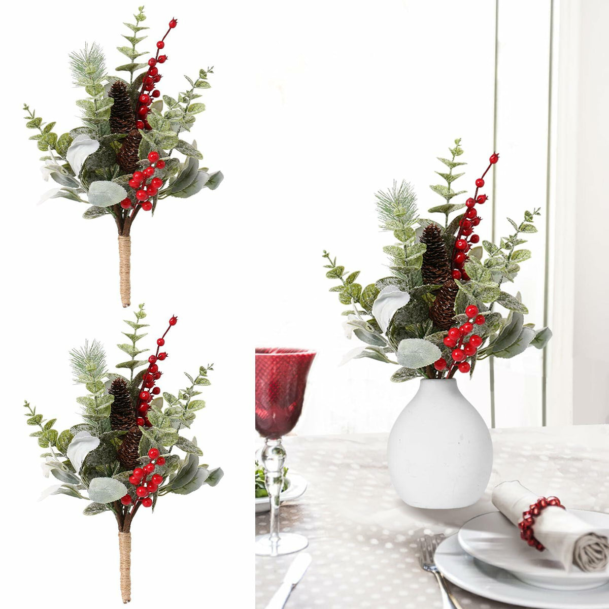 RoseCraft 2PCS Red Berry Flower Stems 16.5in Christmas Decorations