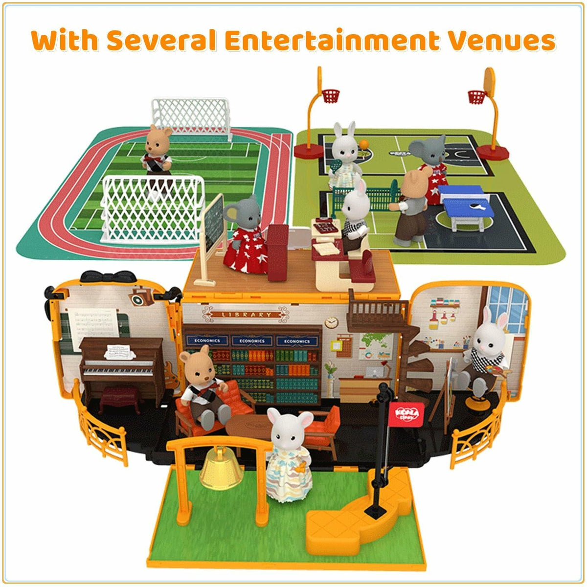 Kids Dollhouse Playset Portable School Bus with 46 Accessories Multicolor