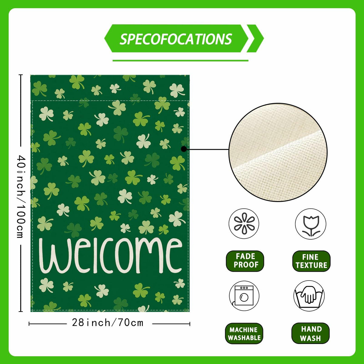 ZAEW St. Patrick's Day Shamrocks Burlap House Flag 28x40 Inch Green Double Sided
