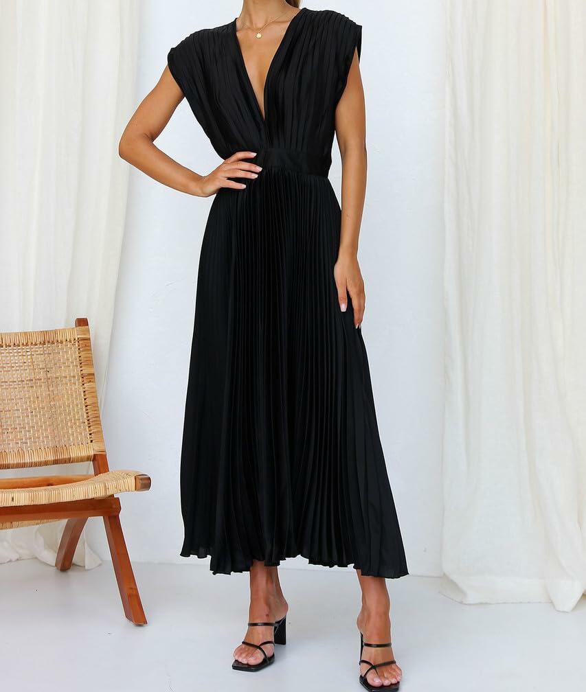 kiobrvhe Satin V Neck Pleated Midi Dress Sleeveless Black Size S