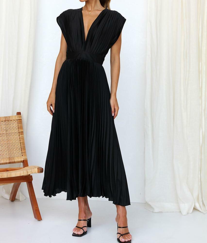 kiobrvhe Satin V Neck Pleated Midi Dress Sleeveless Black Size S