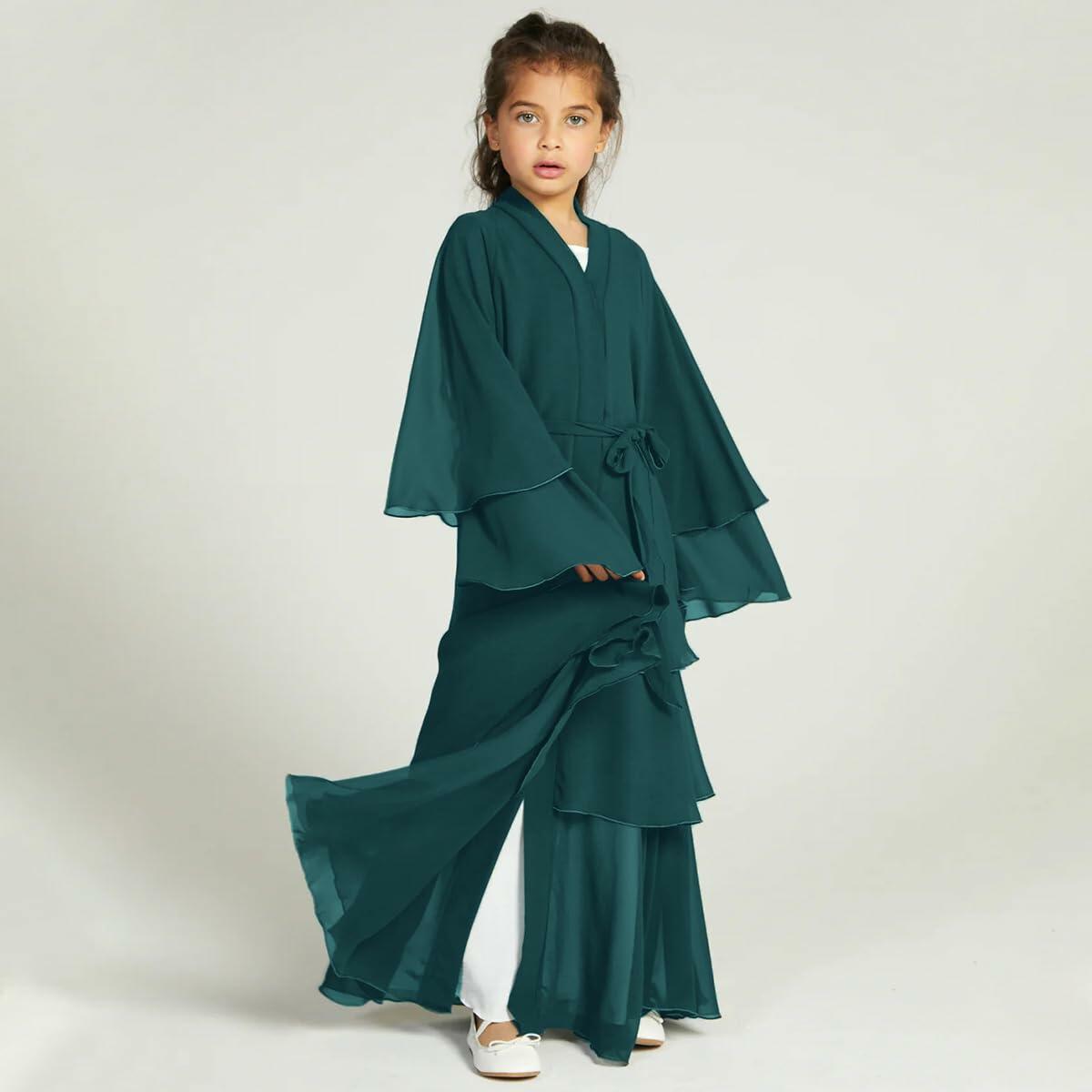 Muslim Girl Abaya Kaftan Dress Dark Green 7-8Y Long Sleeve Eid Ramadan Wear