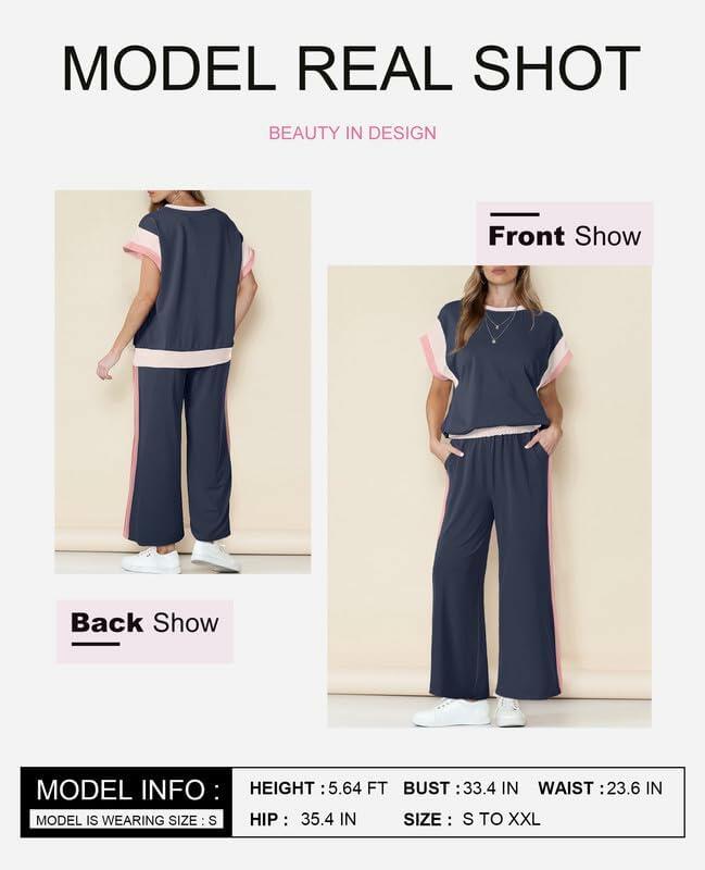 SHEWIN 2PC Women's Lounge Set Short Sleeve Top Wide Leg Pants Navy Blue Size S