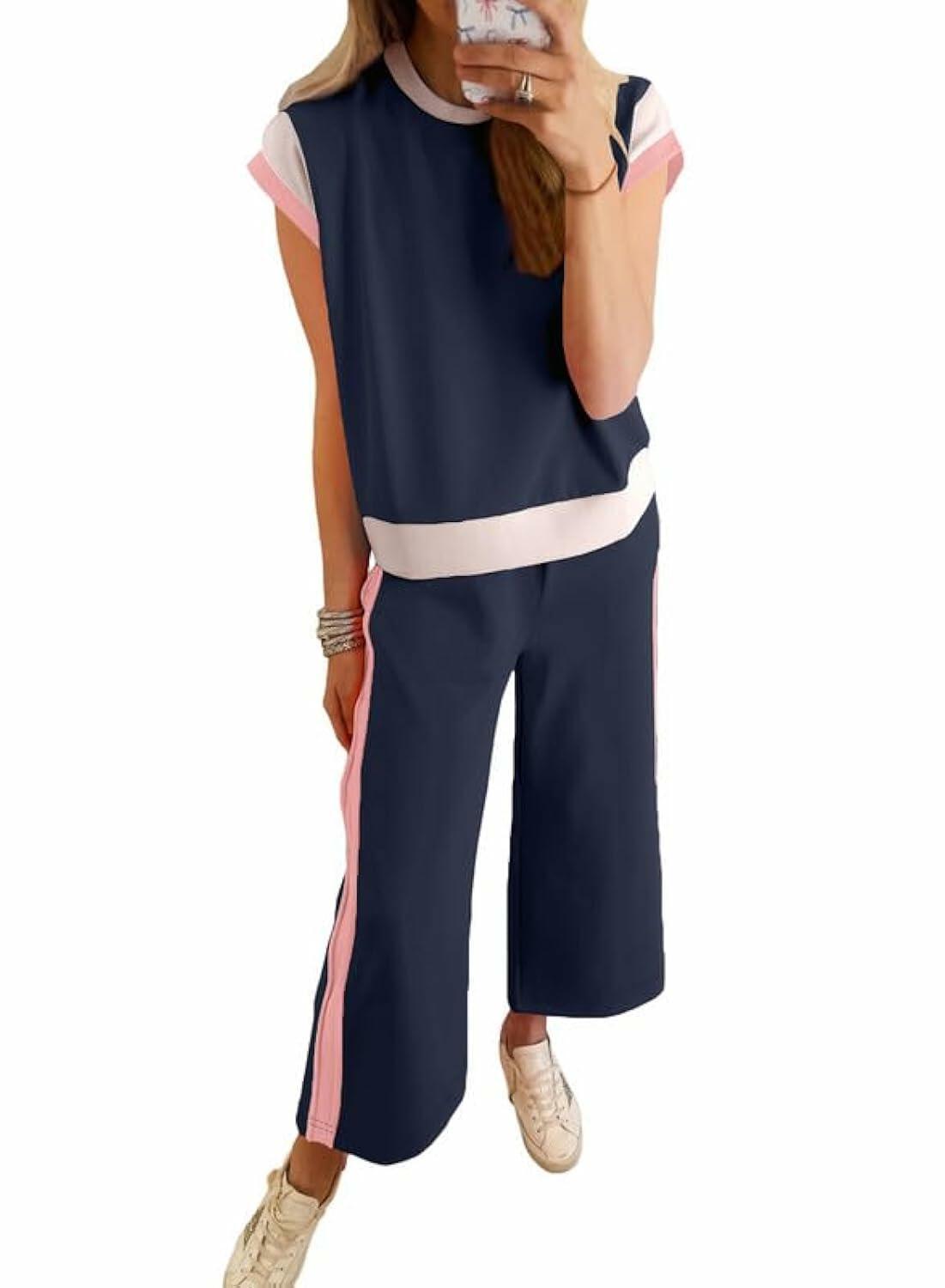 SHEWIN 2PC Women's Lounge Set Short Sleeve Top Wide Leg Pants Navy Blue Size S