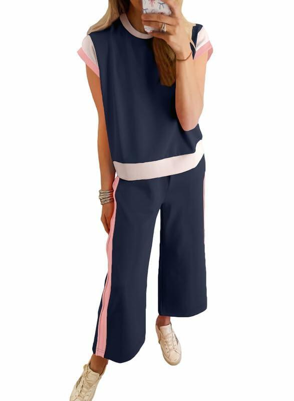 SHEWIN 2PC Women's Lounge Set Short Sleeve Top Wide Leg Pants Navy Blue Size S