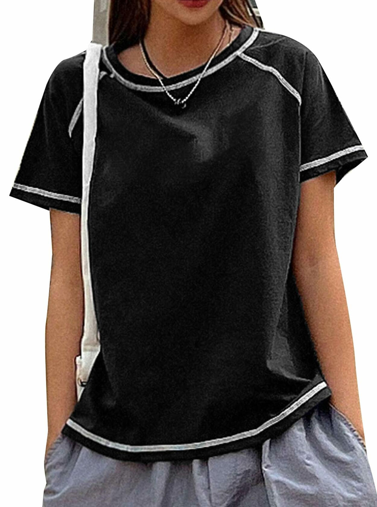 Remidoo Women's Raglan Crewneck Color Block T-Shirt Black Size XL