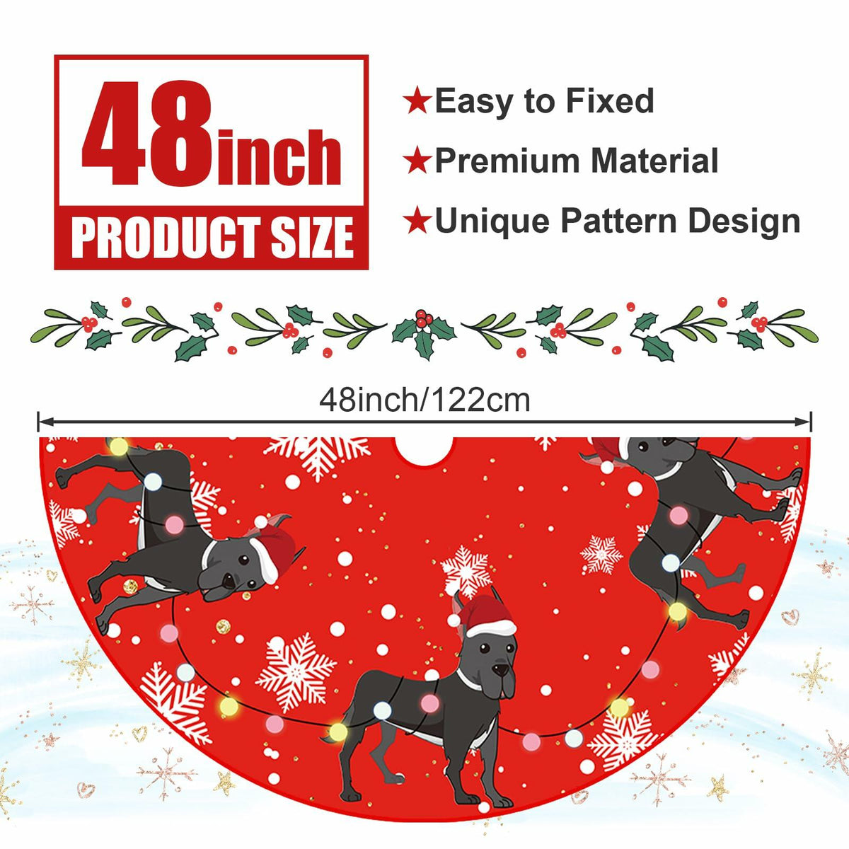 Great Dane Christmas Tree Skirt Red 48 Inch Winter Decoration