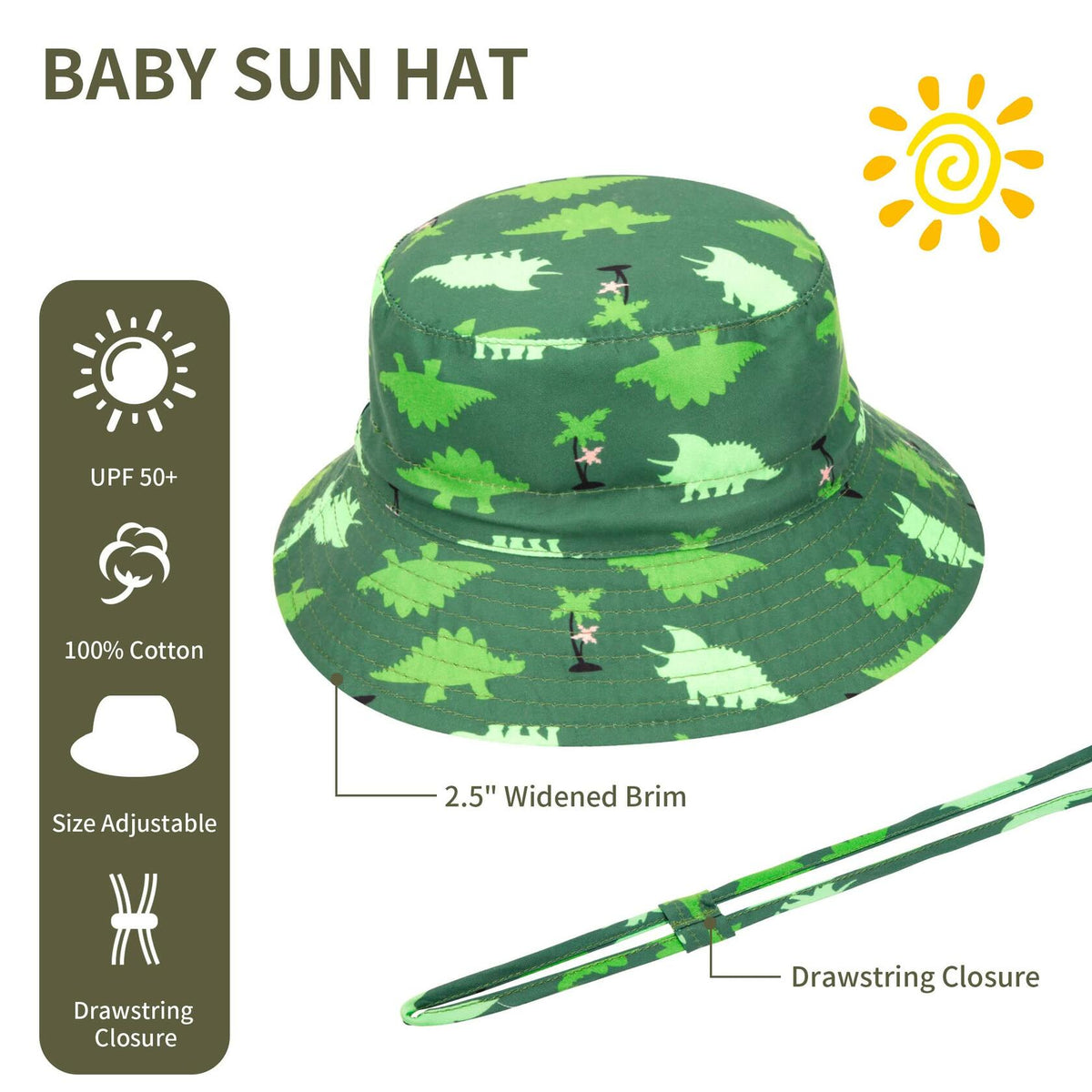 Fynnsure Baby Boy Sun Hat UPF 50+ Adjustable Bucket Hat Green Tree 0-6M