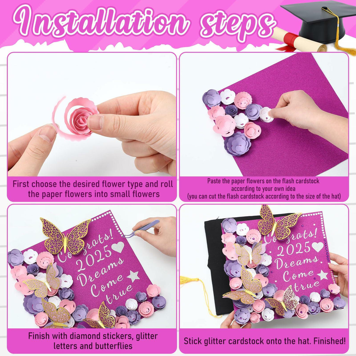 Knitgrip Graduation Cap Decoration Kit 98 Pc Purple Faux Flowers Butterfly