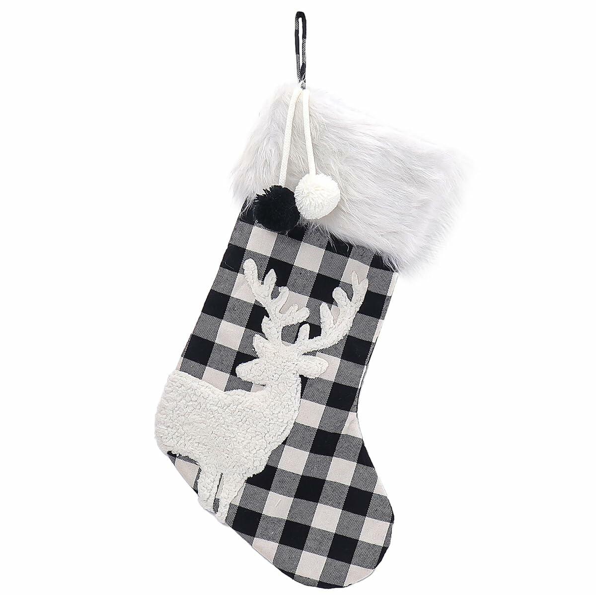 USILAND Christmas Stocking 20in Buffalo Check Pom Pom Faux Fur Black White