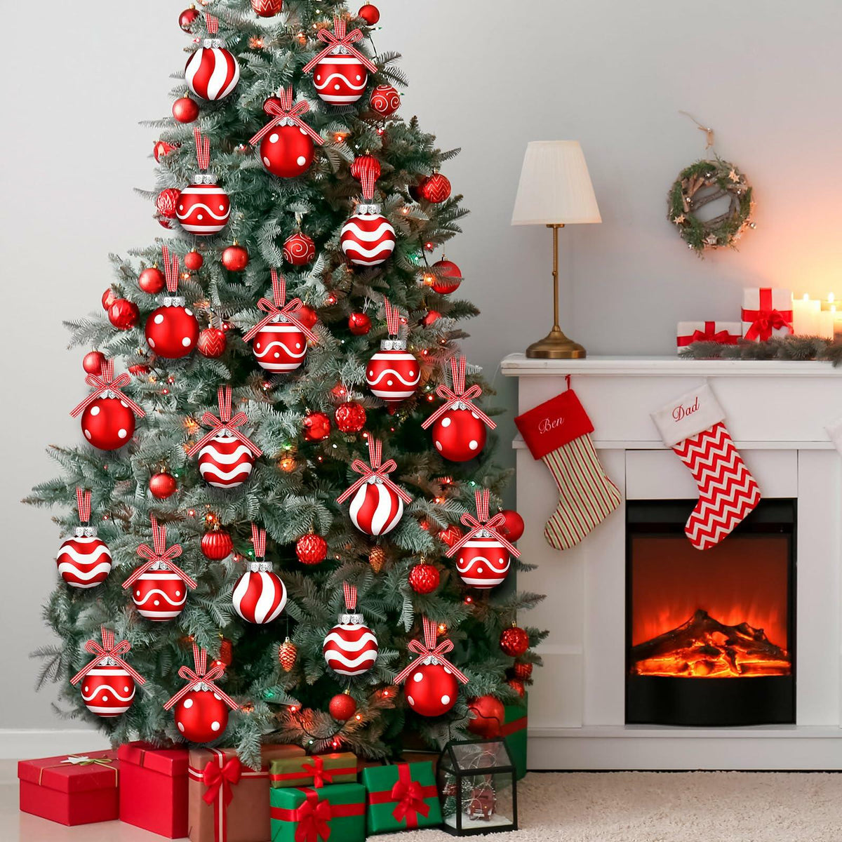 Chuangdi Christmas Ball Ornaments Striped Polka Dots 2.36'' 24 Pcs