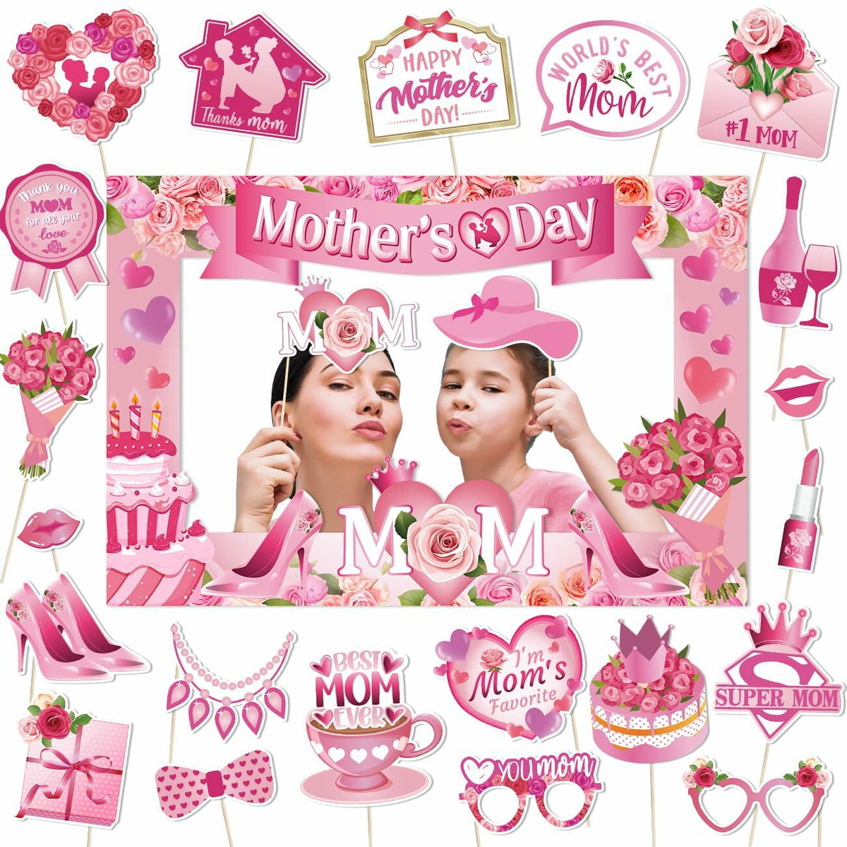 Mothers Day Decorations 23pcs Photo Booth Props Pink Frame Party Supplies