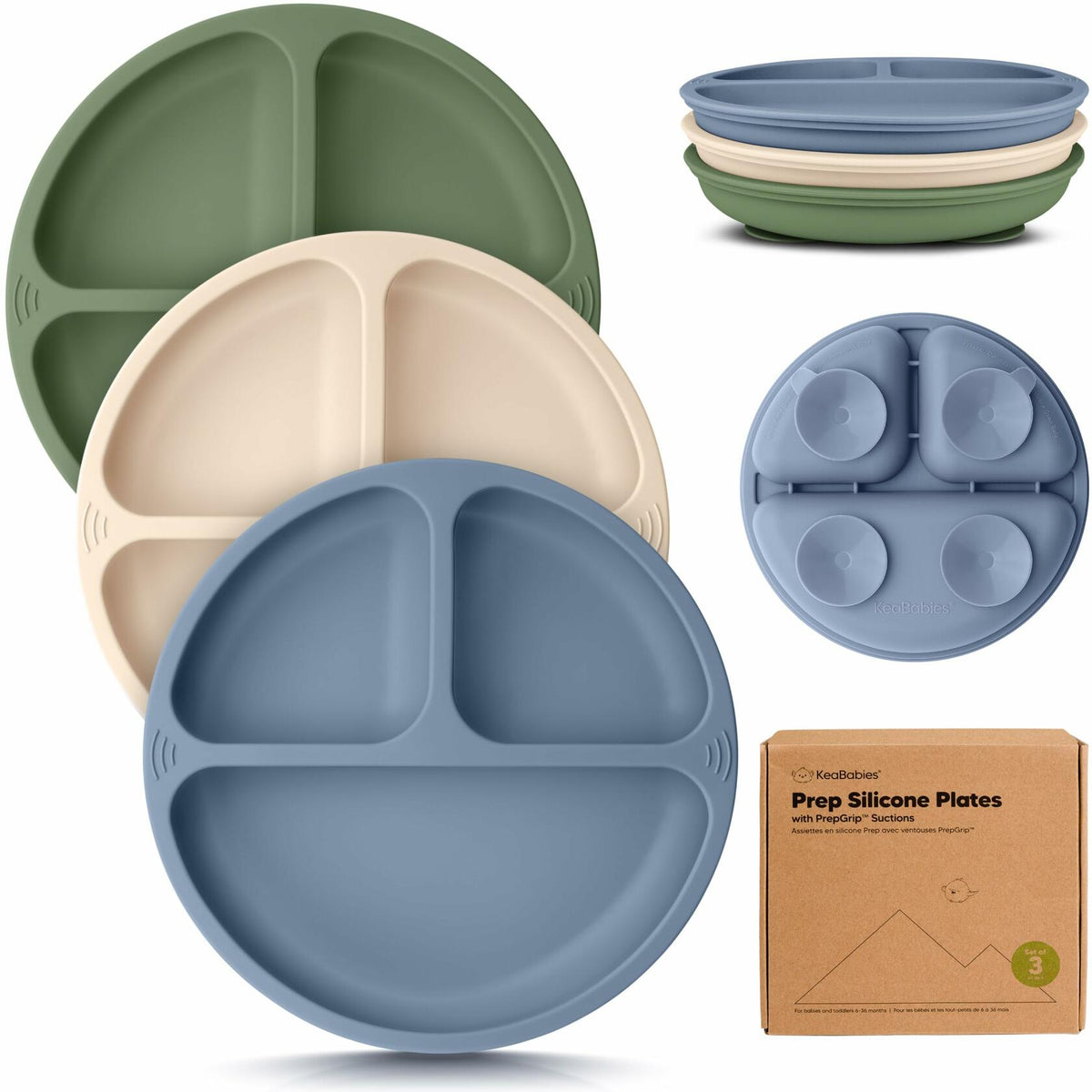 KeaBabies Silicone Suction Toddler Plates Divided 3-Pack Slate BPA-Free