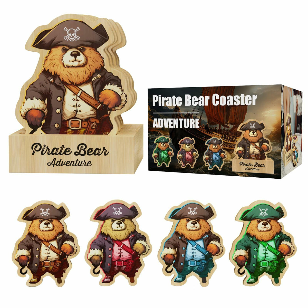 Pirate Bamboo Coasters Set with Holder Rustic Home Decor 6pcs