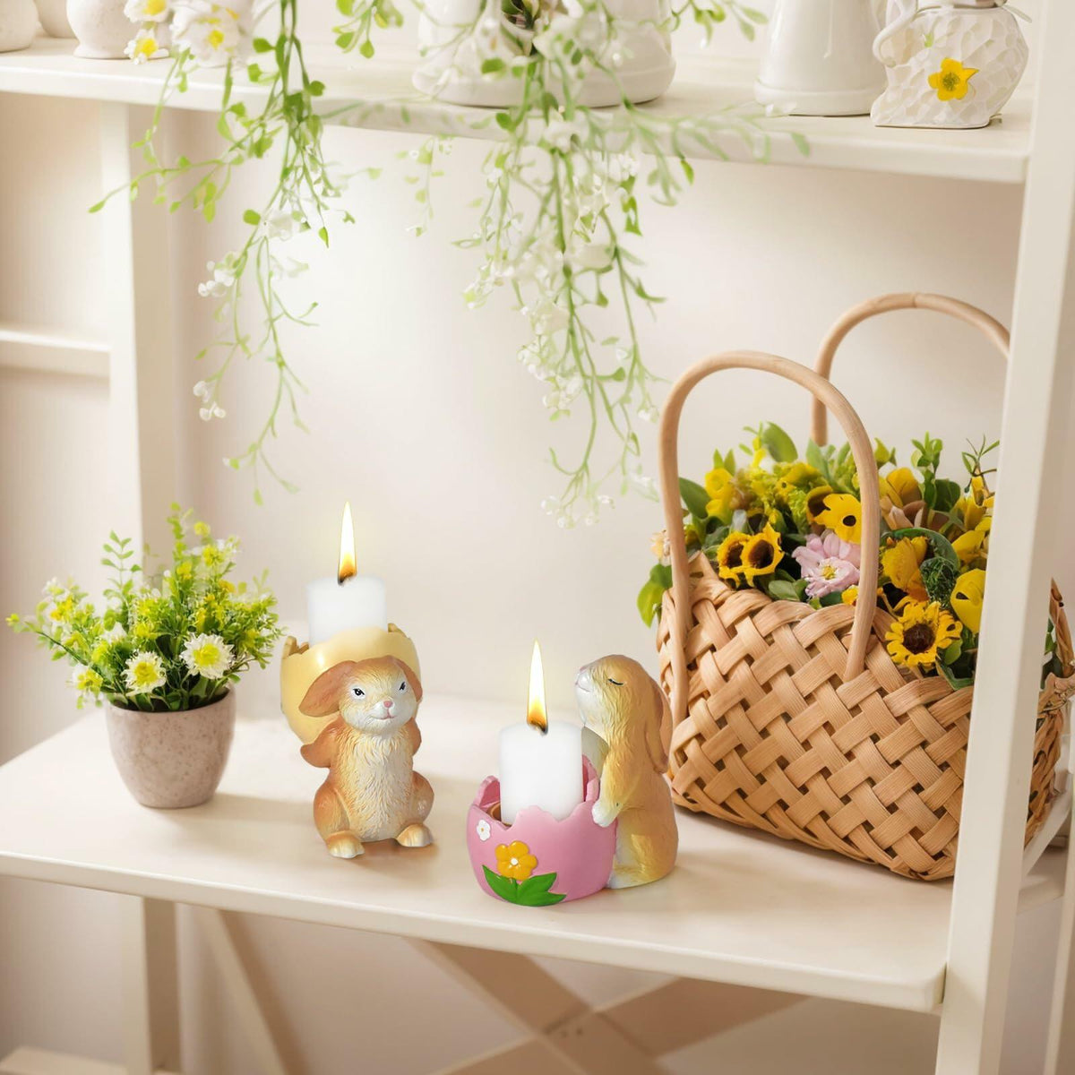 AMOYYT Easter Bunny Figurines 3.5in Resin Candle Holder Table Decor 2Pcs