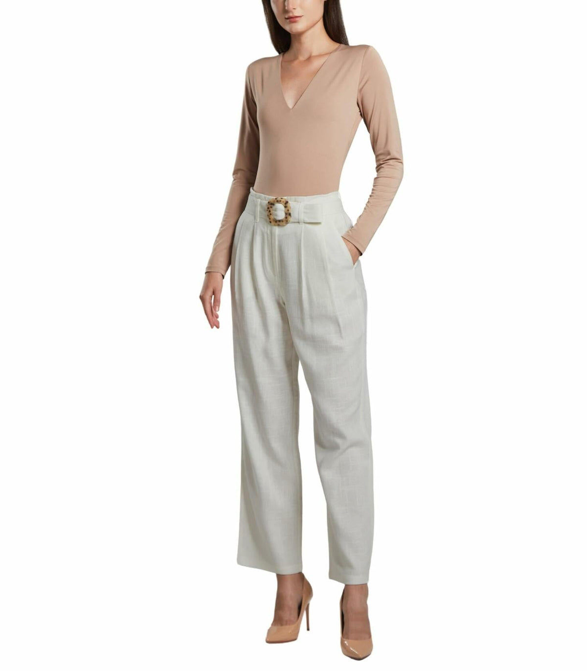 SANDY & SID Womens Linen Crop High Rise Straight Leg Pants White Size L