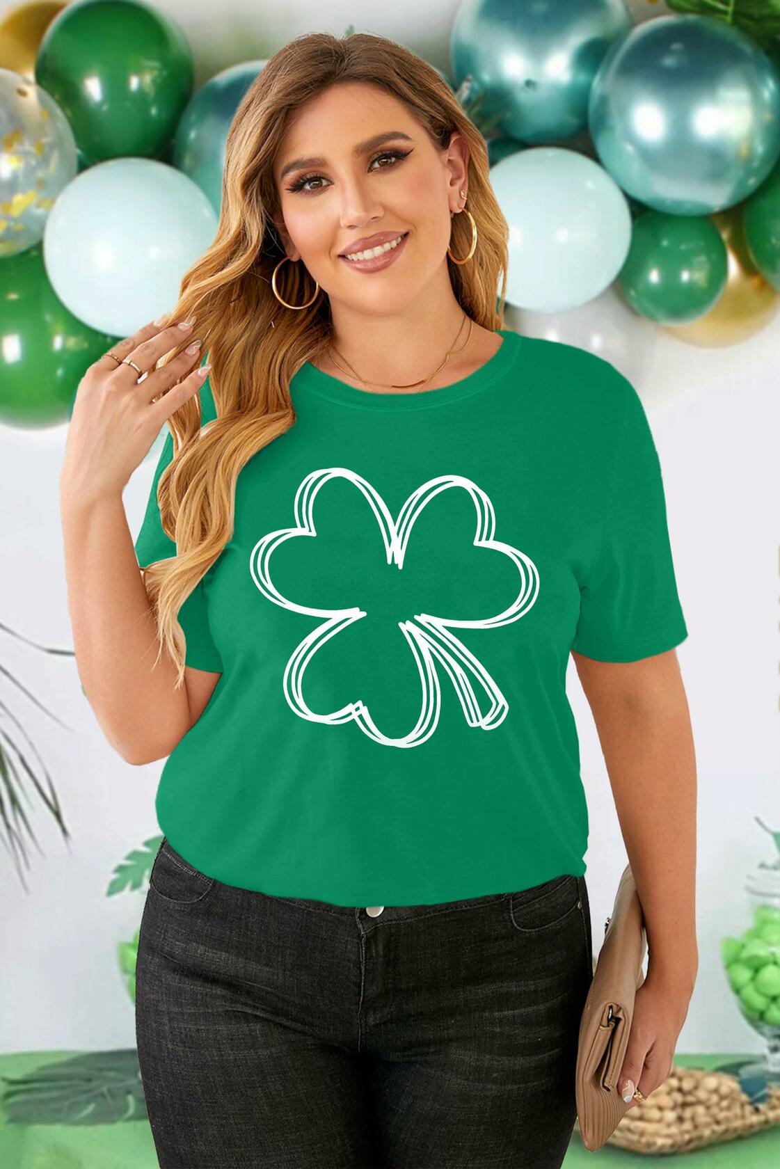 Plus Size St. Patrick's Day Lucky Shamrock Tee Shirt Women Green Size 2XL