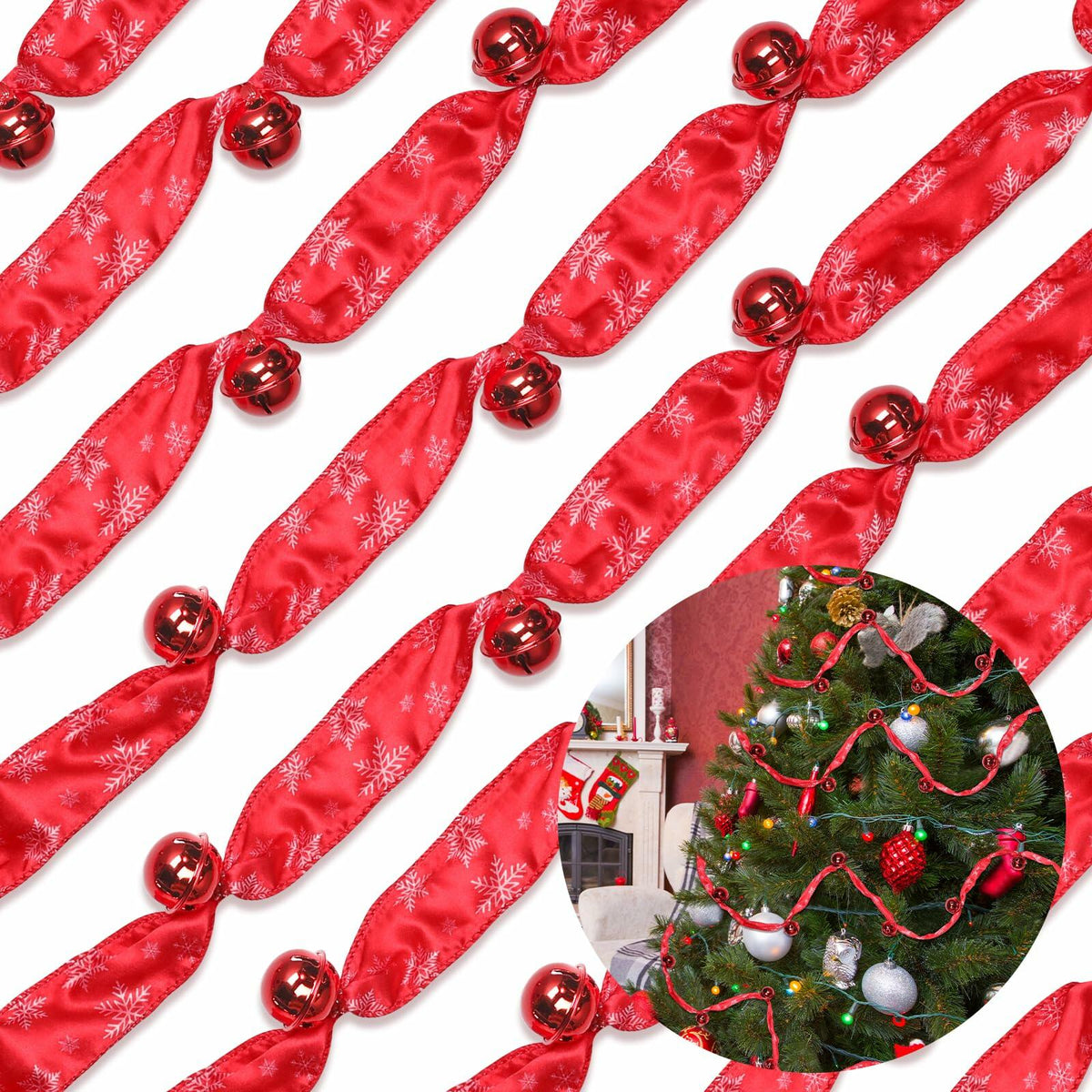 Jutom 2 Pack 6 Yards Burlap Christmas Garland with Jingle Bells Red Black