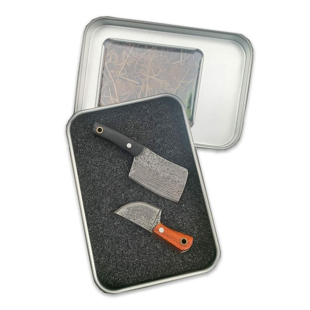 KOWAKA Mini Pocket Knives Set 2 Damascus Pattern Tiny Knife with Sheath