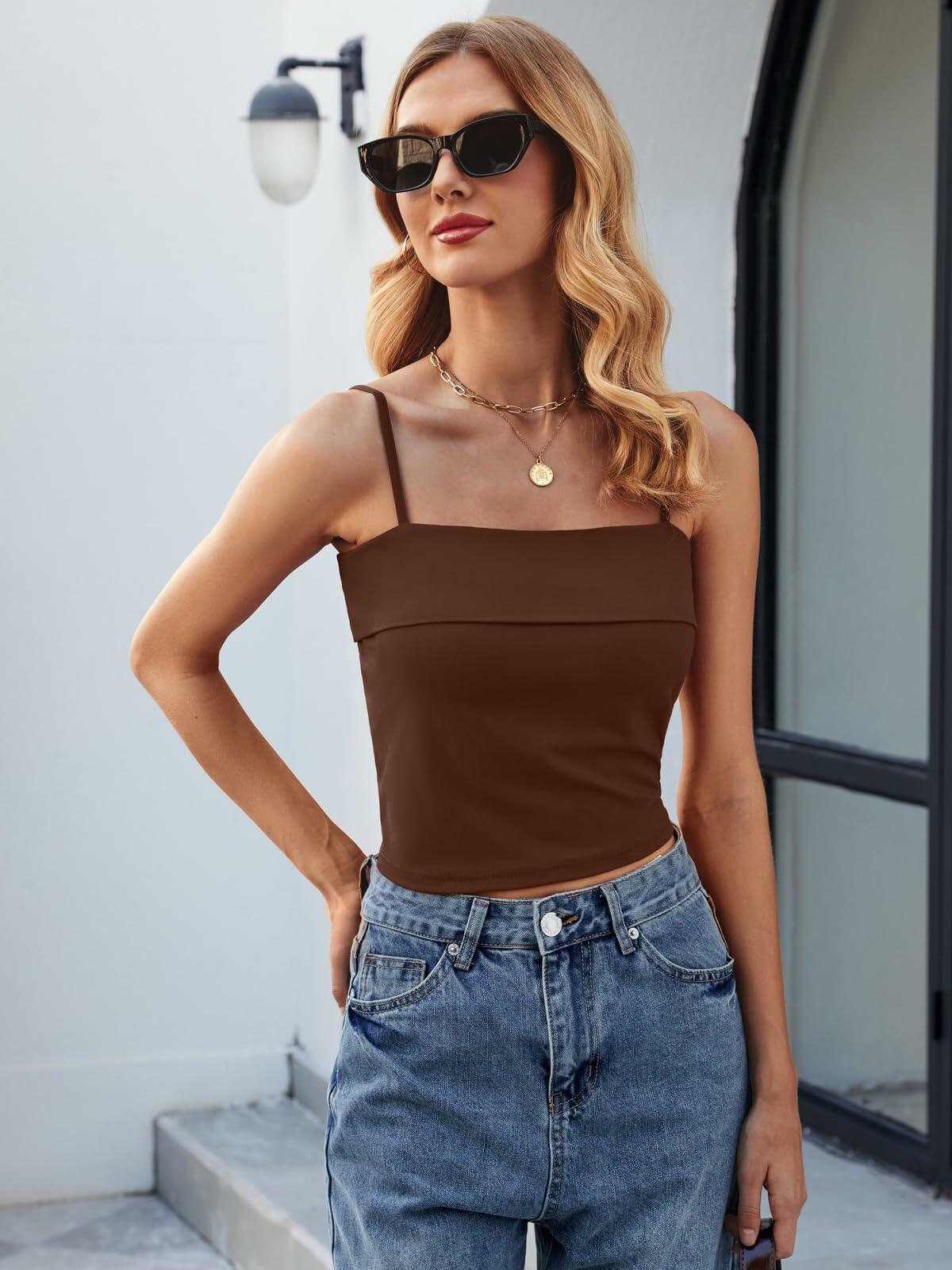 ZANZEA Adjustable Spaghetti Strap Tank Top Brown Size Small