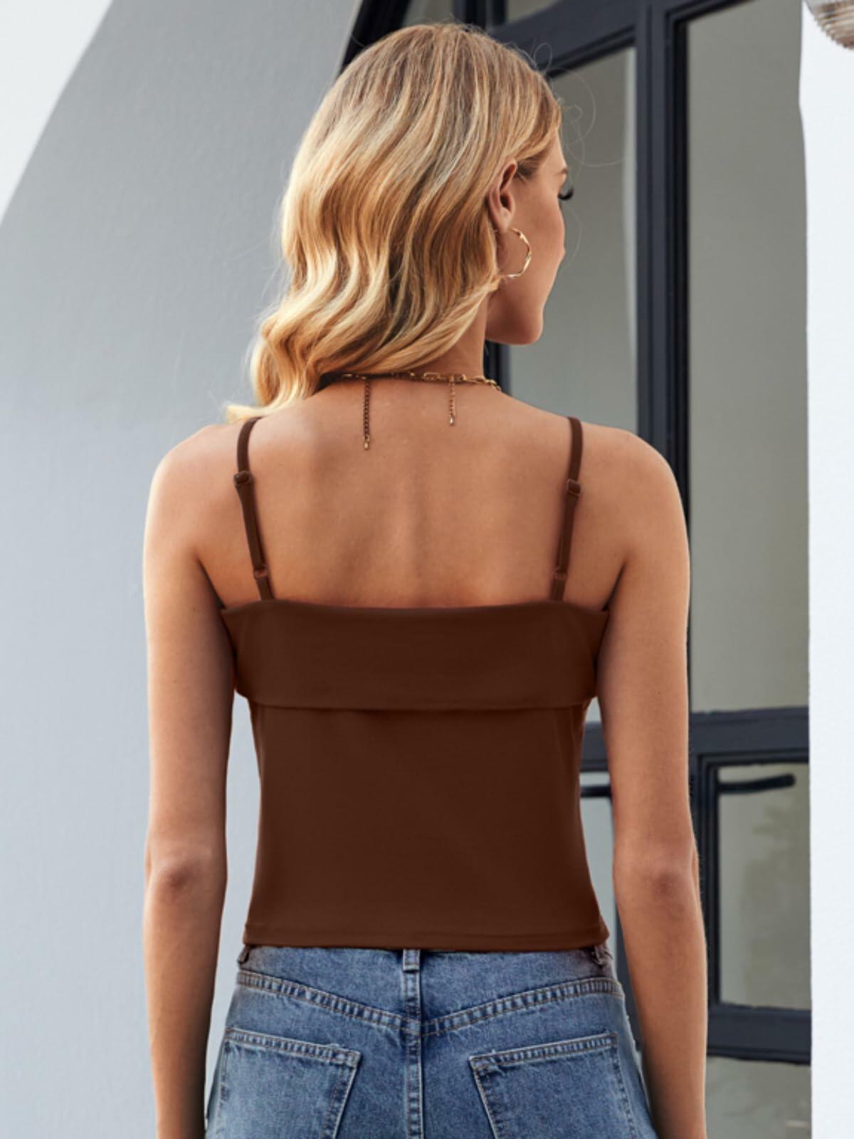 ZANZEA Adjustable Spaghetti Strap Tank Top Brown Size Small